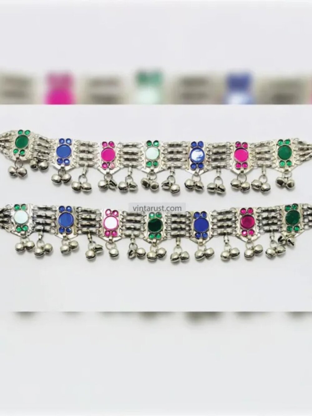 Afghan Anklets: Multicolor Glass Stone Kuchi Belly Dance Jewelry